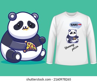A fat panda eating pizza.Yummy pizza slogan T-Shirt design.Panda man white T-Shit  vector illustration design in green background.