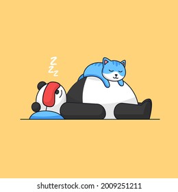 Fat panda lying sleeping with cute kitten cat on belly animal mascot cartoon activity vector illustration