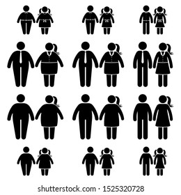 Fat Parents And Children Stick Figure Vector Icon Set. Obese People, Kids, Couple Black And White Flat Style Pictogram