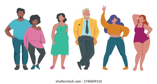 Fat people. Body positive attractive characters overweight male and female persons activities lifestyle of fatty vector illustrations