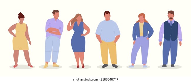 Fat People. Body Positive Male And Female Characters In Casual Clothes. Vector Fat Persons In Flat Style