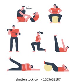 Fat people character set to exercise in the gym to lose weight. flat design style vector graphic illustration.