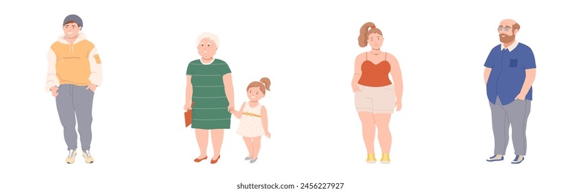 Personajes de Personas de grasa con cuerpo completo y conjunto de Vectores de obesidad