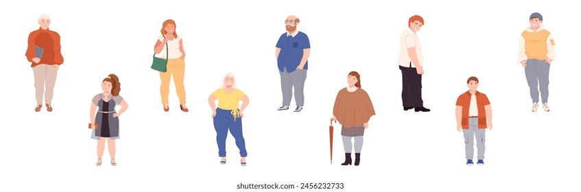 Personajes de Personas de grasa con cuerpo completo y conjunto de Vectores de obesidad