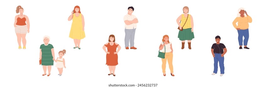 Fat People Characters with Full Body and Obesity Vector Set