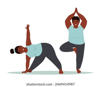 Las personas gordas hacen yoga, hacen ejercicios. Pren y una chica talla grande van a hacer deporte. Vector plano.