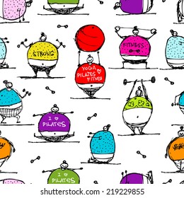 Fat people doing sports, seamless pattern
