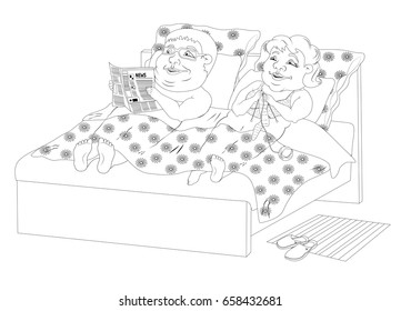 fat people in the evening in bed together - the wife knits socks, husband with glasses reading a newspaper. Black and white image for coloring