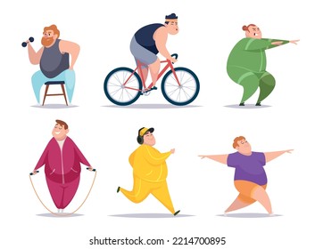 Fat people. Funny active characters making sport exercises workout outdoor activity exact vector cartoon fitness persons