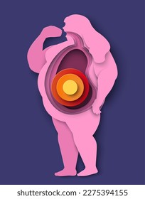 Fat people icon illustration. Vector woman with overweight having stomach problem enjoy junk fast food. Unhealthy lifestyle obesity disease risk, eating disorder concept. Paper cut style