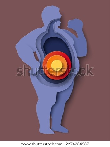 Fat people icon illustration. Vector man with overweight having stomach problem enjoy junk fast food. Unhealthy lifestyle obesity disease risk, eating disorder concept. Paper cut craft style design
