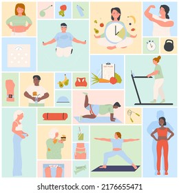 Fat people lose weight set vector illustration. Cartoon skinny man and woman showing transformation before and after losing weight, diet and sports exercises in gym in geometric collage background