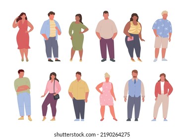 fat people. male and female body positive persons standing in various poses. Vector happy fat people