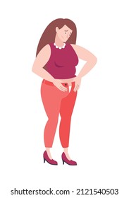 Fat people obesity composition with isolated doodle character of woman touching belly vector illustration
