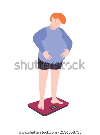 Fat people obesity composition with isolated doodle character of fat guy weighing himself vector illustration