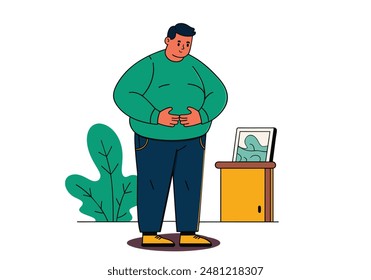 Fat people think about their own bodies. Grab his belly. Hand drawn style vector design illustrations.
