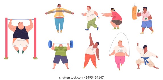 Fat people training. Obese person fitness gym or outdoor summer workout, funny chubby characters active sport exercise running jumping for weight loss, classy vector illustration authors graphics