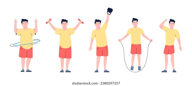 Fat person athlete doing exercises. Plump of fat man training engaged sport and lose weight step by step. Overweight concept, obese and athletic recent vector scene