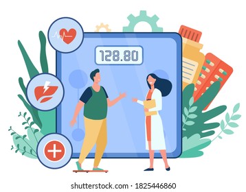 Fat person consulting doctor. Man suffering from obesity, overweight problem, having diabetes and heart disease risk concept. For healthcare, health and lifestyle concept