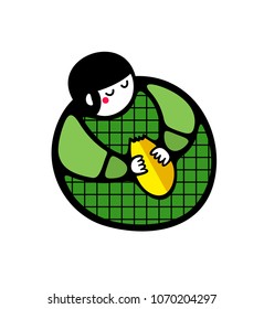 Fat person eating bread. Vector illustration isolated on the white background.