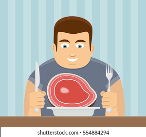 fat person eating meat flat design vector art