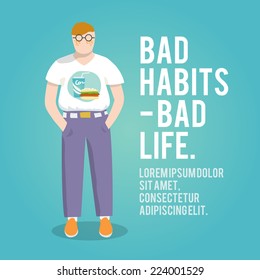 Fat person with junk food t-shirt bad habits bad life poster vector illustration