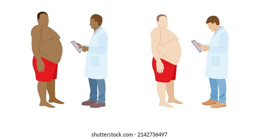 Fat person. Obese man and doctor. Black doctor and patient. Obesity treatment and health care. Vector set illustration people on white background.