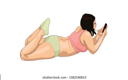 Fat Person With A Smartphone On A Bed. Obese Woman Using A Mobile Phone