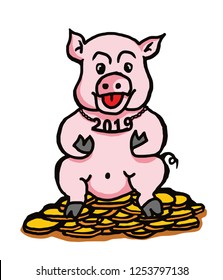 A fat pig with a 2019 pendant sitting on a pile of gold coins for the twelfth Chinese horoscope sign in year 2019. Hand drawn vector illustration.