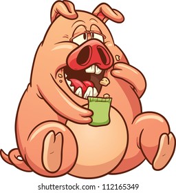 Fat pig eating. Vector illustration with simple gradients. All in a single layer.