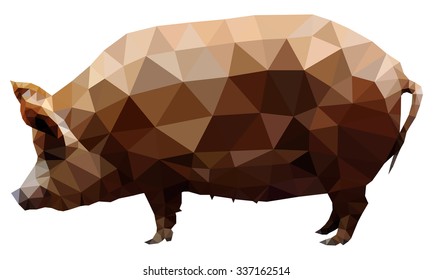 A fat pig isolated against white, low poly vector illustration.