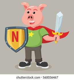fat pig nerd holding sword and shield