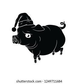 Fat pig with Santas hat on his head, New Year 2019