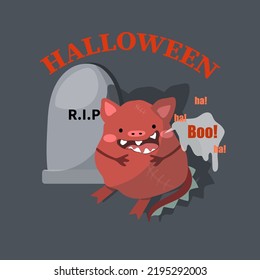 A fat pig sits laughing and scaring everyone near the grave. For the Halloween holiday, postcards, cards, banners, stickers, posters, prints on clothes, decoration of cafes, shops.