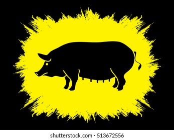 Fat pig standing designed on grunge frame background graphic vector.