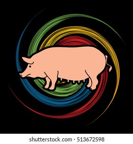 Fat pig standing designed on spin wheel background graphic vector.