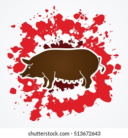 Fat pig standing designed on splatter blood background graphic vector.