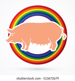 Fat pig standing designed on rainbows background graphic vector.