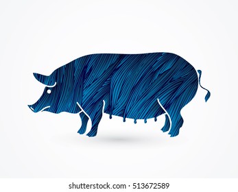 Fat pig standing designed using blue grunge brush graphic vector.