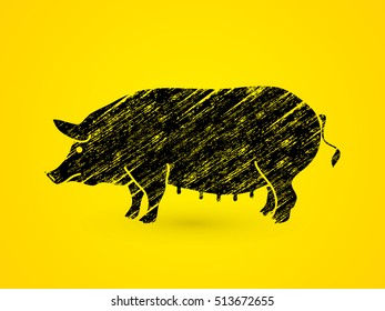 Fat pig standing designed using grunge brush graphic vector.