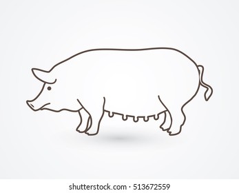 Fat pig standing outline graphic vector.