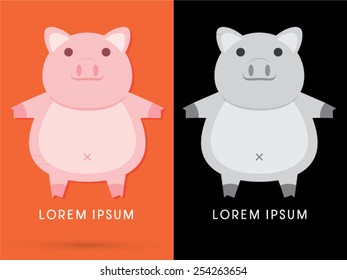 Fat pink pig standing, cartoon cute, logo, symbol, icon, graphic, vector.