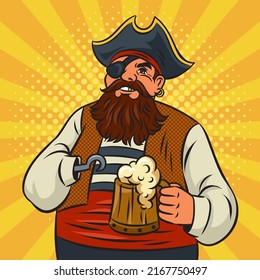 Fat pirate with mug of beer pop art retro vector illustration. Comic book style imitation.