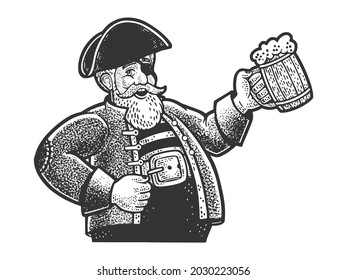 Fat pirate with a mug of beer sketch engraving vector illustration. T-shirt apparel print design. Scratch board imitation. Black and white hand drawn image.