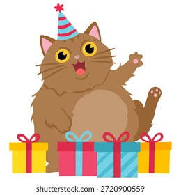 Fat playful cat with gift boxes. For birthday greeting cards, cute cartoon character animals. Furry human friends home animals.