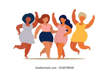 Fat plump happy girls, female in summer dress dancing, enjoying the lifestyle. The concept of a day without diets, body positivity, women's day, spring summer mood, self-acceptance with excess weight