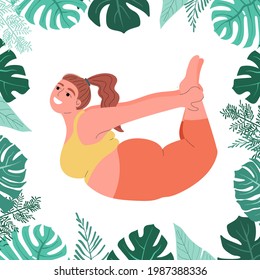 Fette Frau macht Yoga. Selbstliebe. Fitness und Übergewicht. Fett Mädchen sitzend in Yoga-Pose in Monstera-Blatt. Yoga asanas für Gewichtsverlust und Gesundheit. Stock-Vektorgrafik auf weißem Hintergrund.