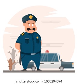 Fat Police Officer With Police Car And Desert Background , Uncle Policeman, Cartoon Character, Vector Illustration