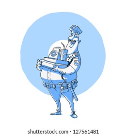 Fat policeman having fun. Vector illustration. Easy recoloring