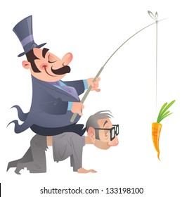 A fat politician man in costume is sitting on the back of a poor man, on his knees,  that currying him, going after a carrot that the politician holding